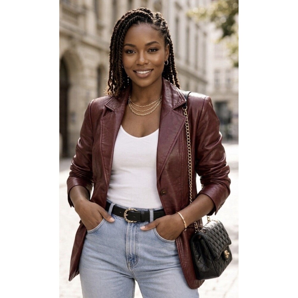 Women's Vintage Genuine Leather Jacket Coat Blazer Red Burgundy Oxblood 7/8